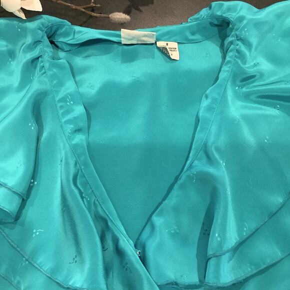Vintage Liz Claiborne Button Up V Neck Ruffle Blouse Embossed Turquoise - Picture 7 of 12